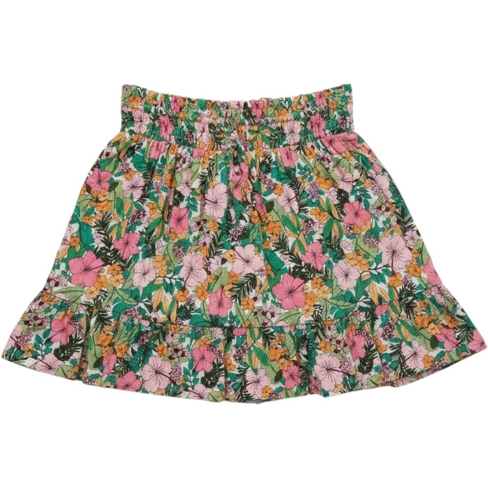 CopperKey Floral Smocked Mini Skirt Womens XS Multicolor Tropical Ruffle Hem
